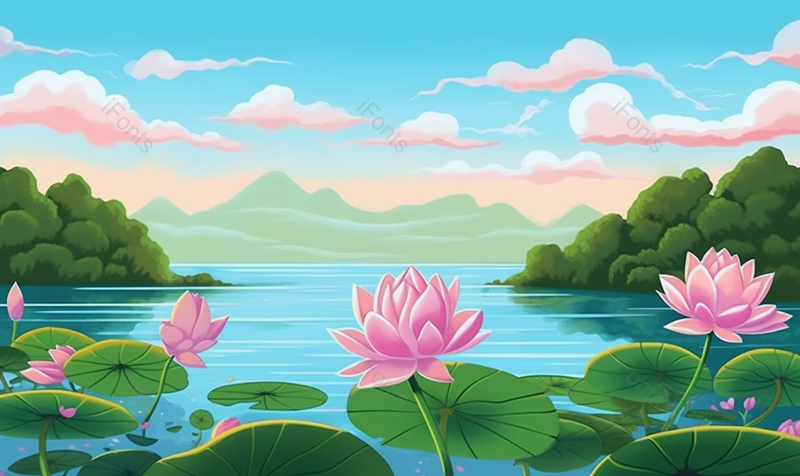 农村绿色的盛夏池塘里的荷叶和盛开的荷花背景,插画/手绘图,插画/手绘图库,插画/手绘图下载,插画/手绘